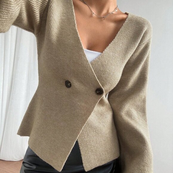 Tan Casual Women's Waist Slim Fit Double Button Placket knit Cardigan - Picture 4 of 7